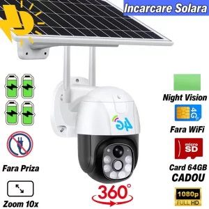 Cameră solară 4G cu SIM, 5 MP – PTZ inteligent 355°, vedere nocturnă 30 m, autonomie completă fără cabluri