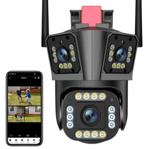 Cameră Tripla Wi‑Fi 12MP – Ultra HD, Zoom 10×, Viziune Nocturnă Color și Audio Bidirecțional – Supraveghere Completă 360° pentru Exterior și Interior