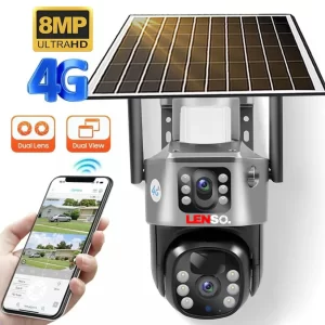 Pachet 4x Camere Lenso 4G cu Dublă Lentilă + Card 128 GB – Supraveghere Autonomă, Fără Cabluri, Viziune Nocturnă și Control Complet din Aplicație