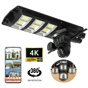 Cameră de Supraveghere 4G + WiFi cu 3 Lentile și Lumină Solară – Viziune 5K, Audio Bidirecțional, Control Complet din Telefon