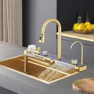 🛍️Chiuvetă Bucătărie Premium GoldLux™ – Inox Auriu cu LED, Design Modern, Accesorii Incluse & Funcționalitate 5 în 1
